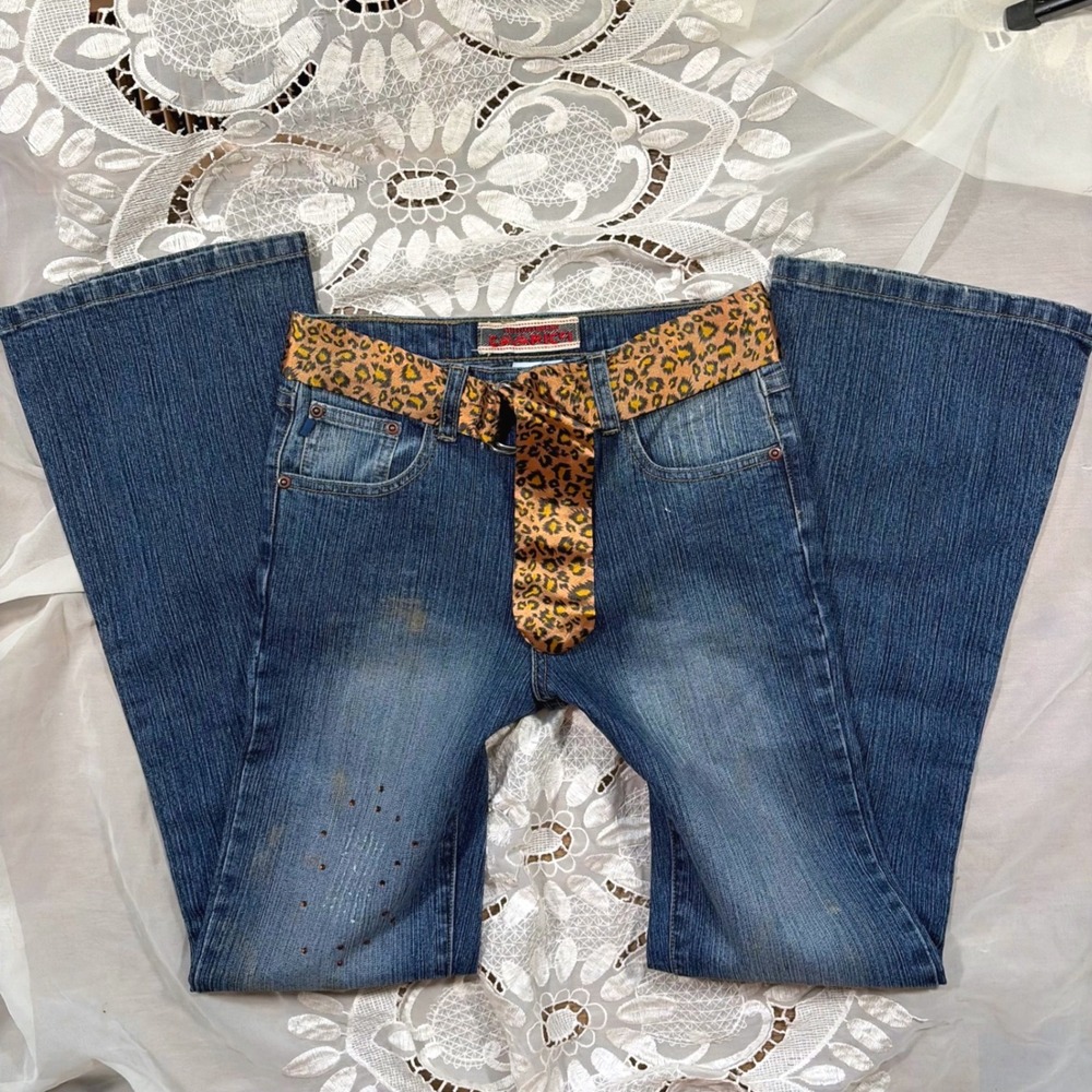 Y2K Flare Mcbling Bratz Size xs Flare Jeans Blue Denim Leopard Sash Rhinestone